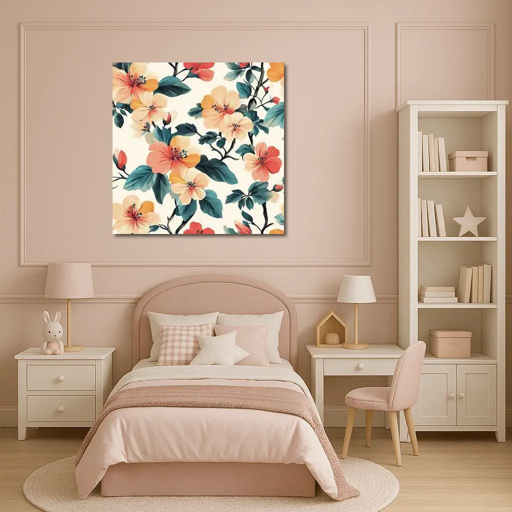 Tropical Floral Pattern Peach Coral Teal Leaves – Wall Art