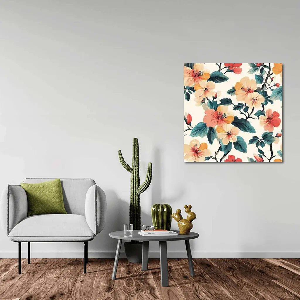 Tropical Floral Pattern Peach Coral Teal Leaves – Wall Art