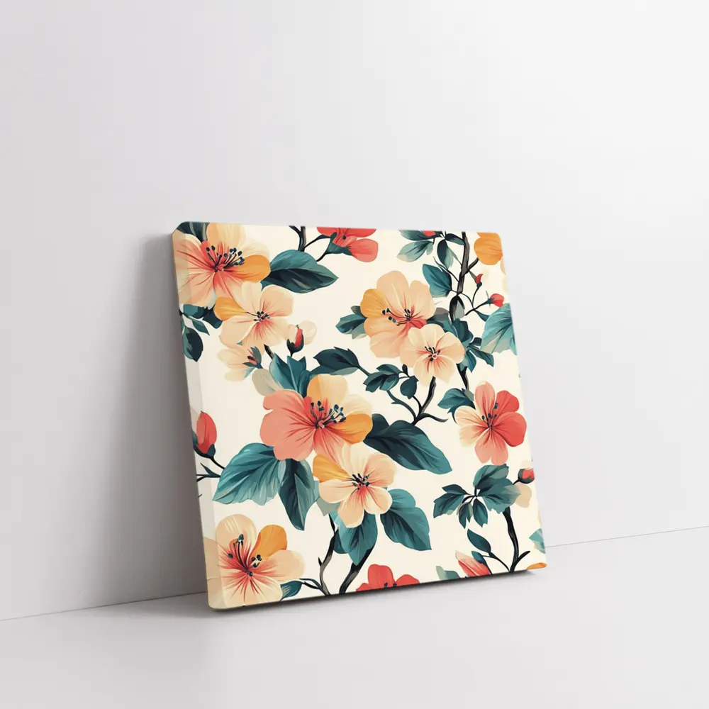 Tropical Floral Pattern Peach Coral Teal Leaves – Wall Art