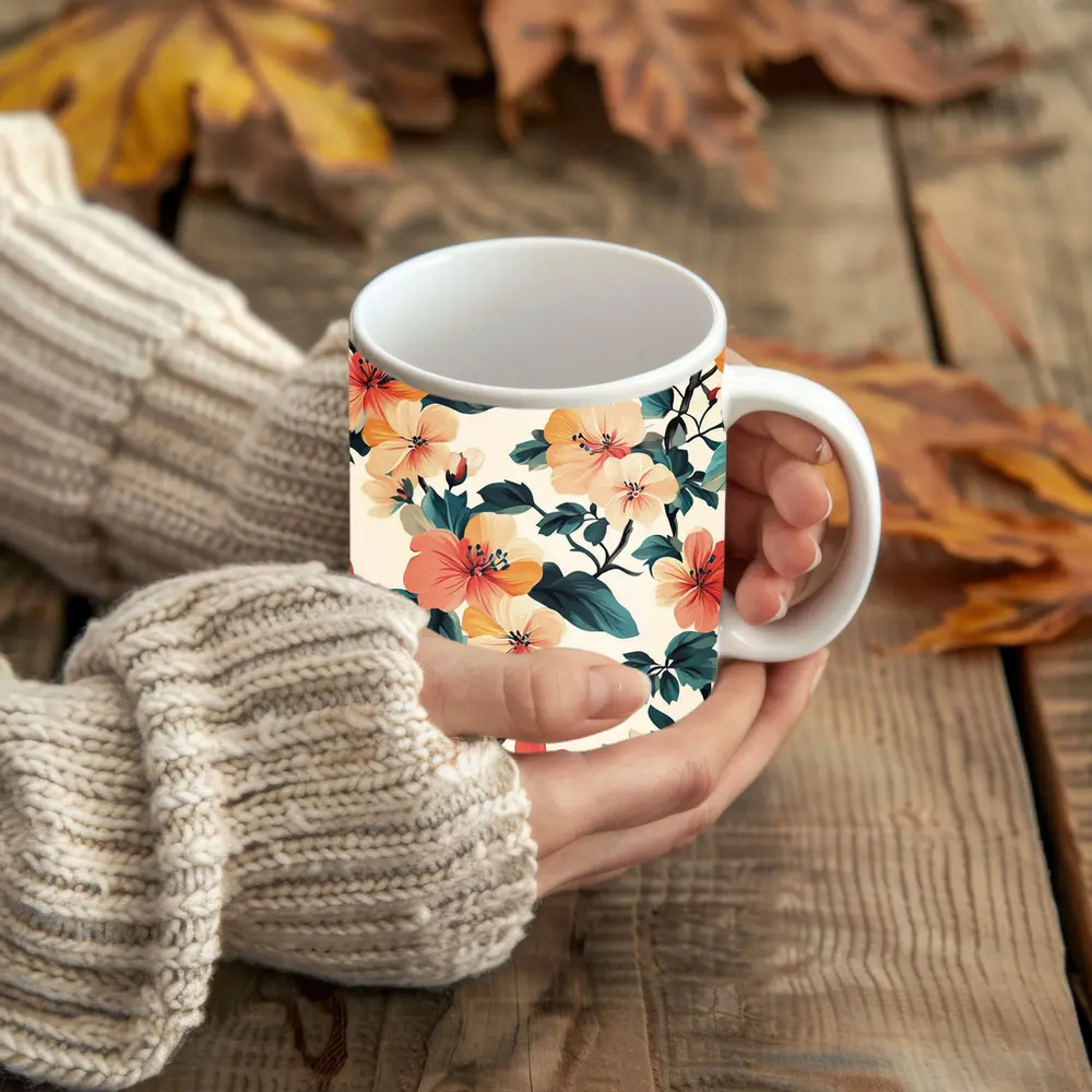 Tropical Floral Pattern Peach Coral Teal Leaves – Mugs