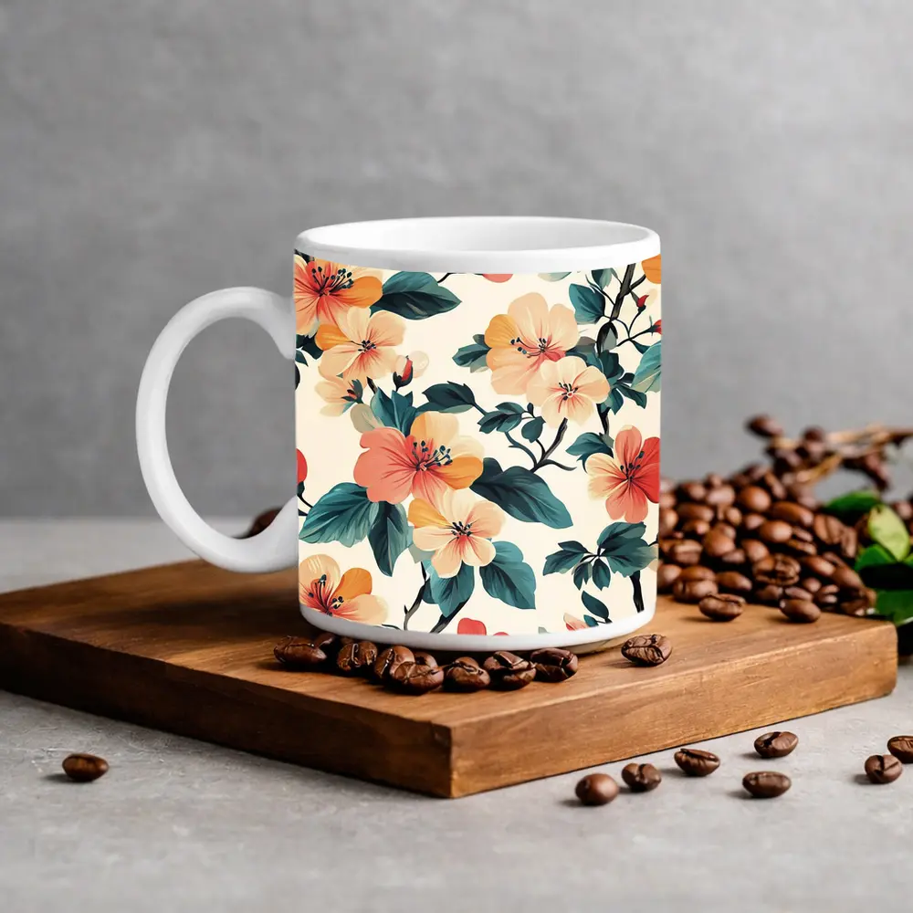 Tropical Floral Pattern Peach Coral Teal Leaves – Mugs