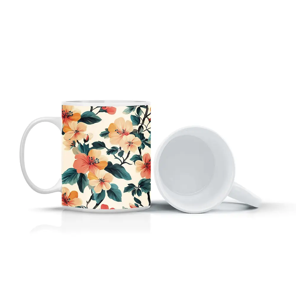 Tropical Floral Pattern Peach Coral Teal Leaves – Mugs