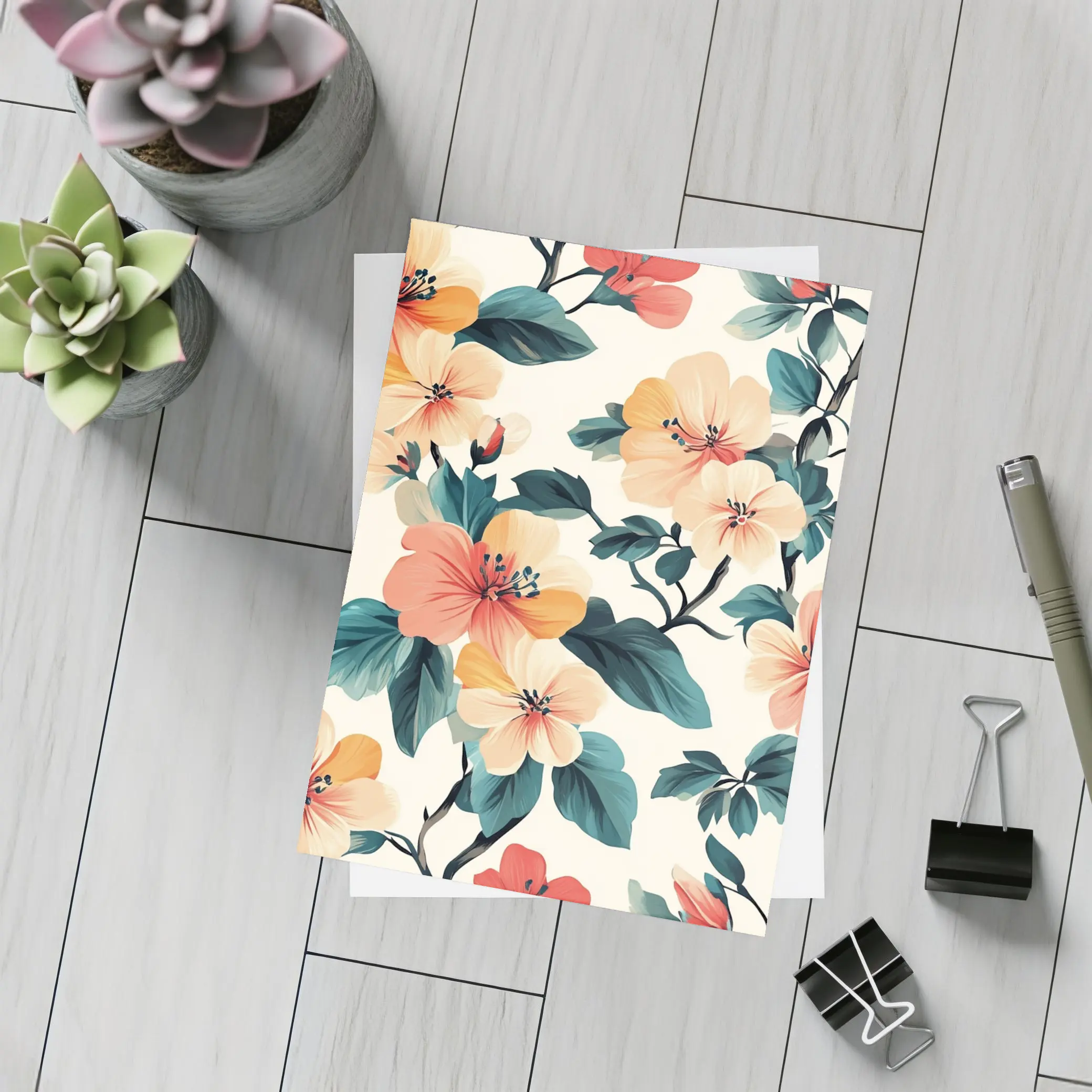 Tropical Floral Pattern Peach Coral Teal Leaves – Postcards