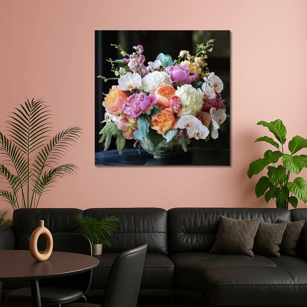 Peonies Orchids Hydrangea Bouquet Dark Background – Wall Art