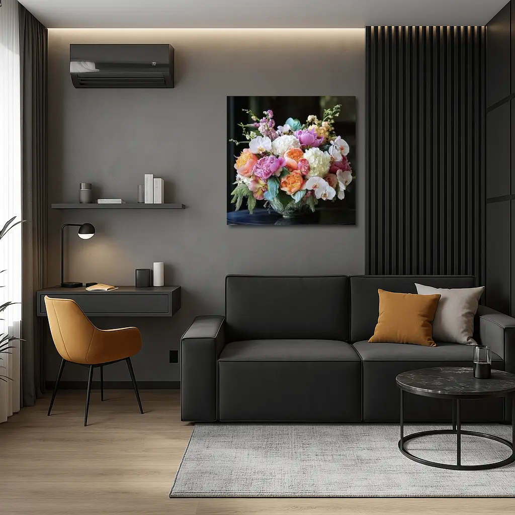 Peonies Orchids Hydrangea Bouquet Dark Background – Wall Art