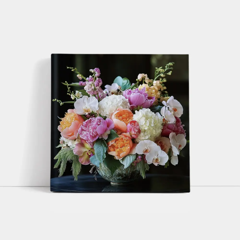 Peonies Orchids Hydrangea Bouquet Dark Background – Wall Art