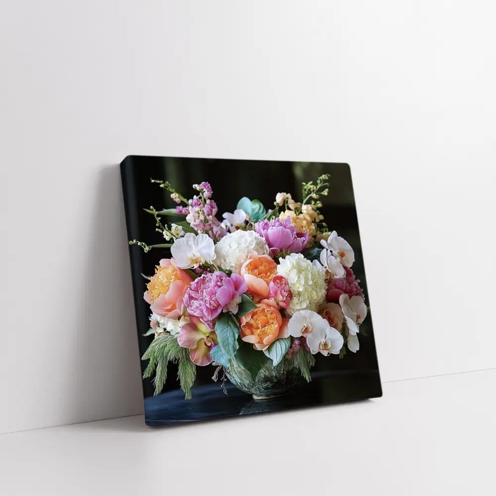 Peonies Orchids Hydrangea Bouquet Dark Background – Wall Art