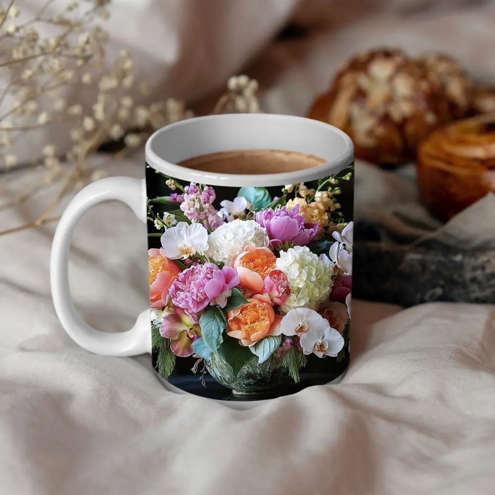 Peonies Orchids Hydrangea Bouquet Dark Background – Mugs