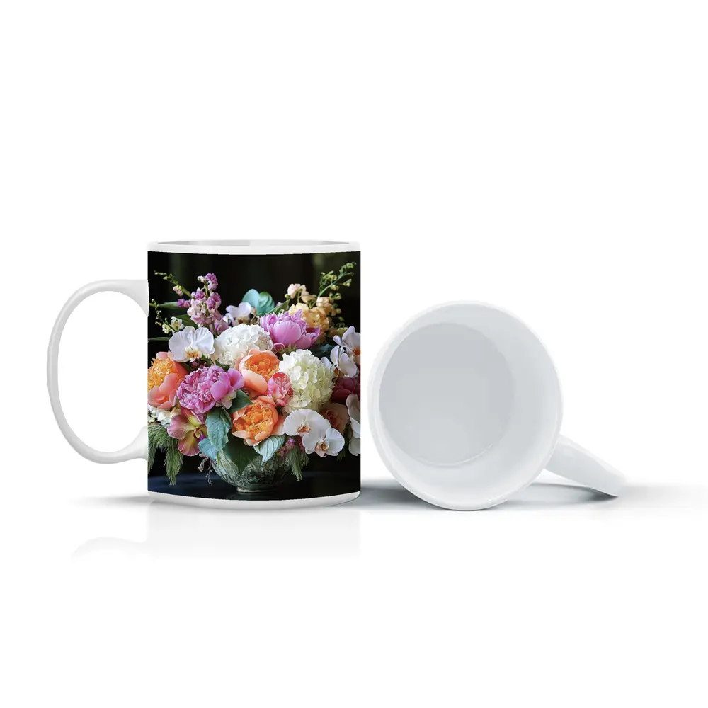 Peonies Orchids Hydrangea Bouquet Dark Background – Mugs