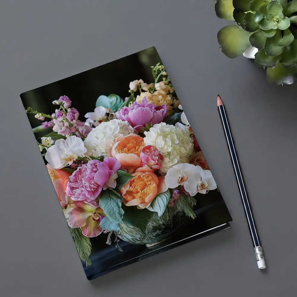 Peonies Orchids Hydrangea Bouquet Dark Background – Notebooks