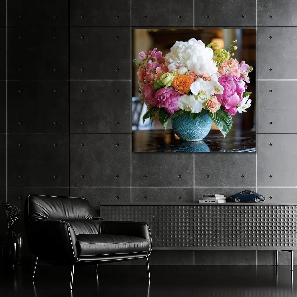 Pink Peonies Roses Orchids Blue Vase Arrangement – Wall Art
