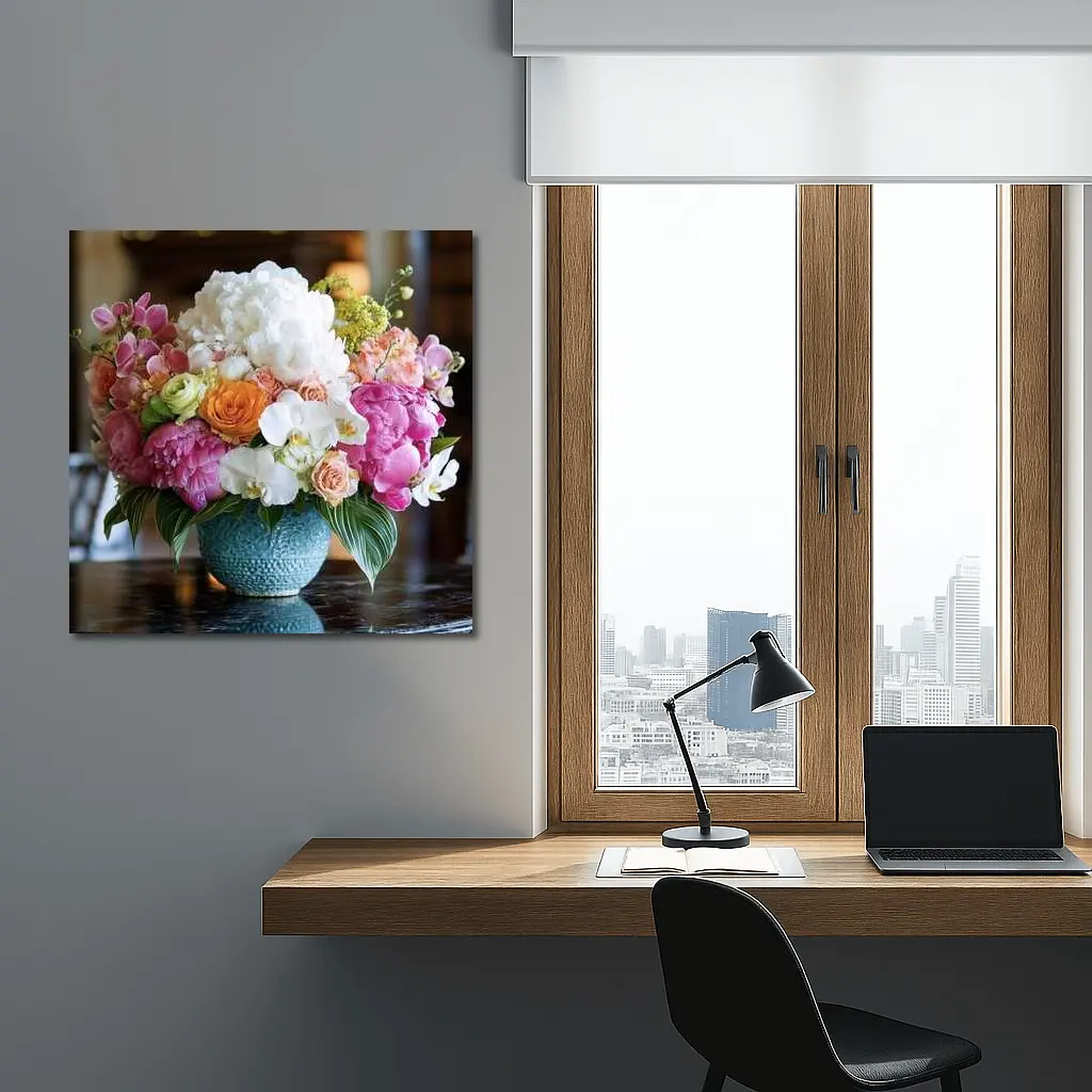Pink Peonies Roses Orchids Blue Vase Arrangement – Wall Art