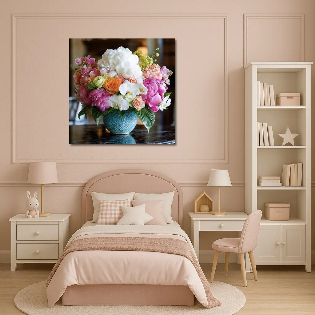 Pink Peonies Roses Orchids Blue Vase Arrangement – Wall Art