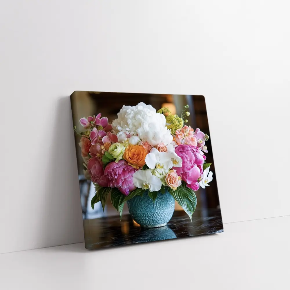 Pink Peonies Roses Orchids Blue Vase Arrangement – Wall Art