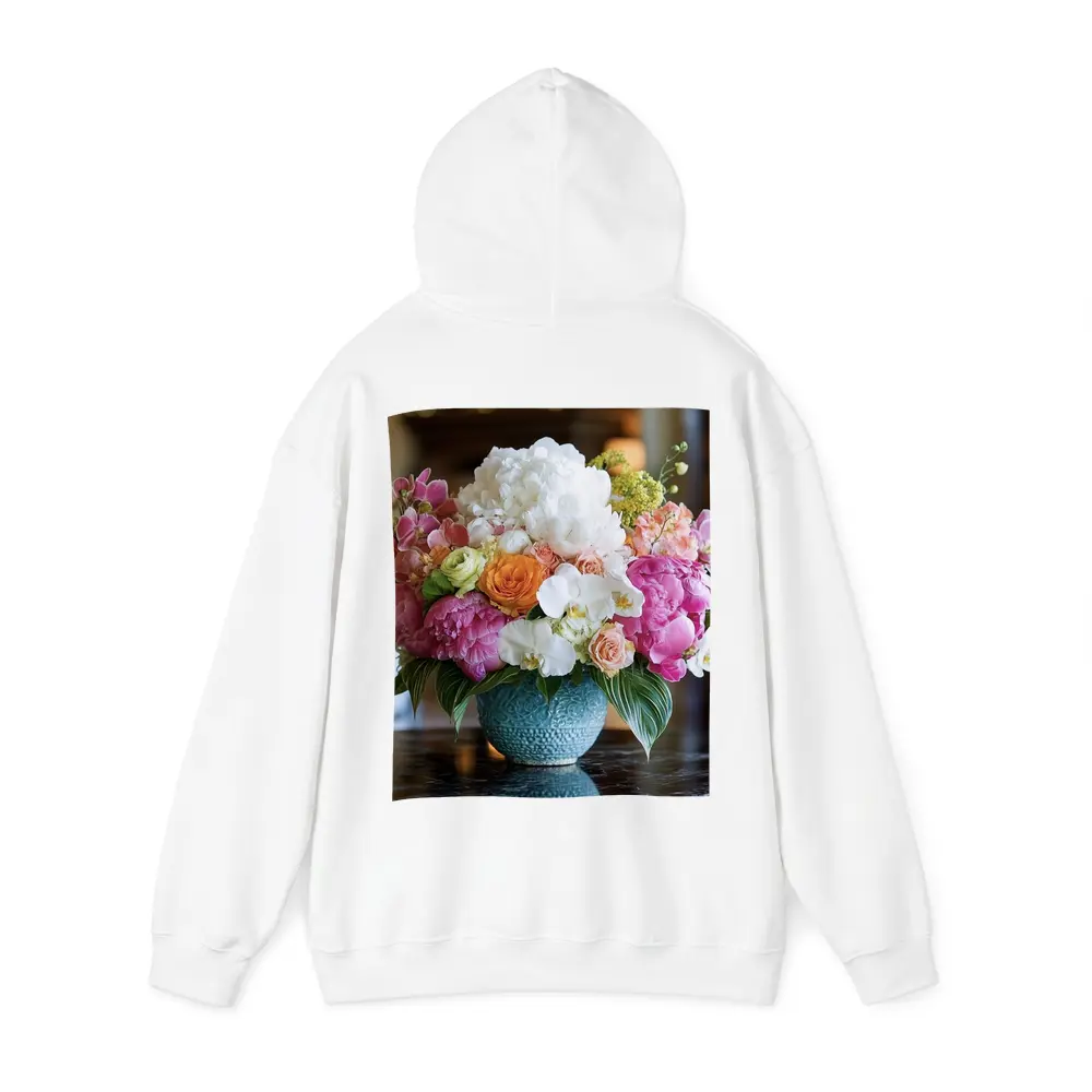 Pink Peonies Roses Orchids Blue Vase Arrangement – Hoodies