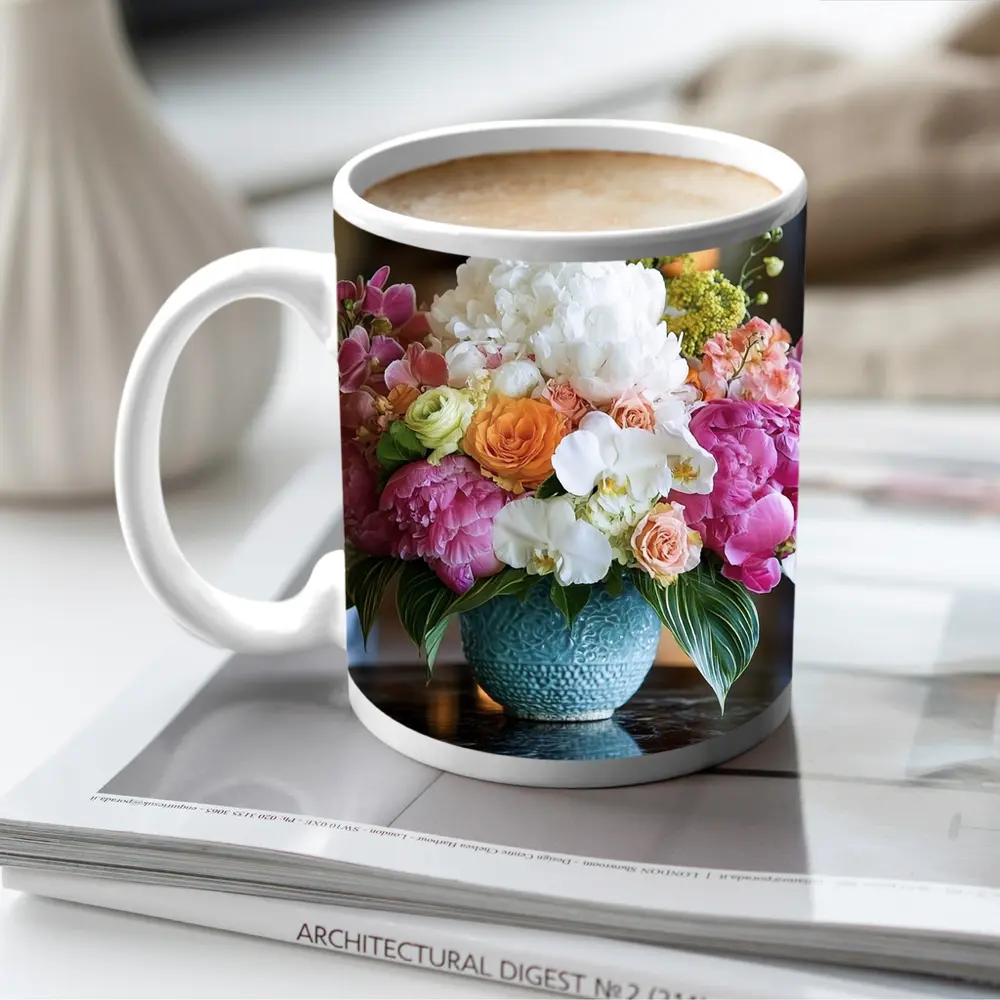 Pink Peonies Roses Orchids Blue Vase Arrangement – Mugs