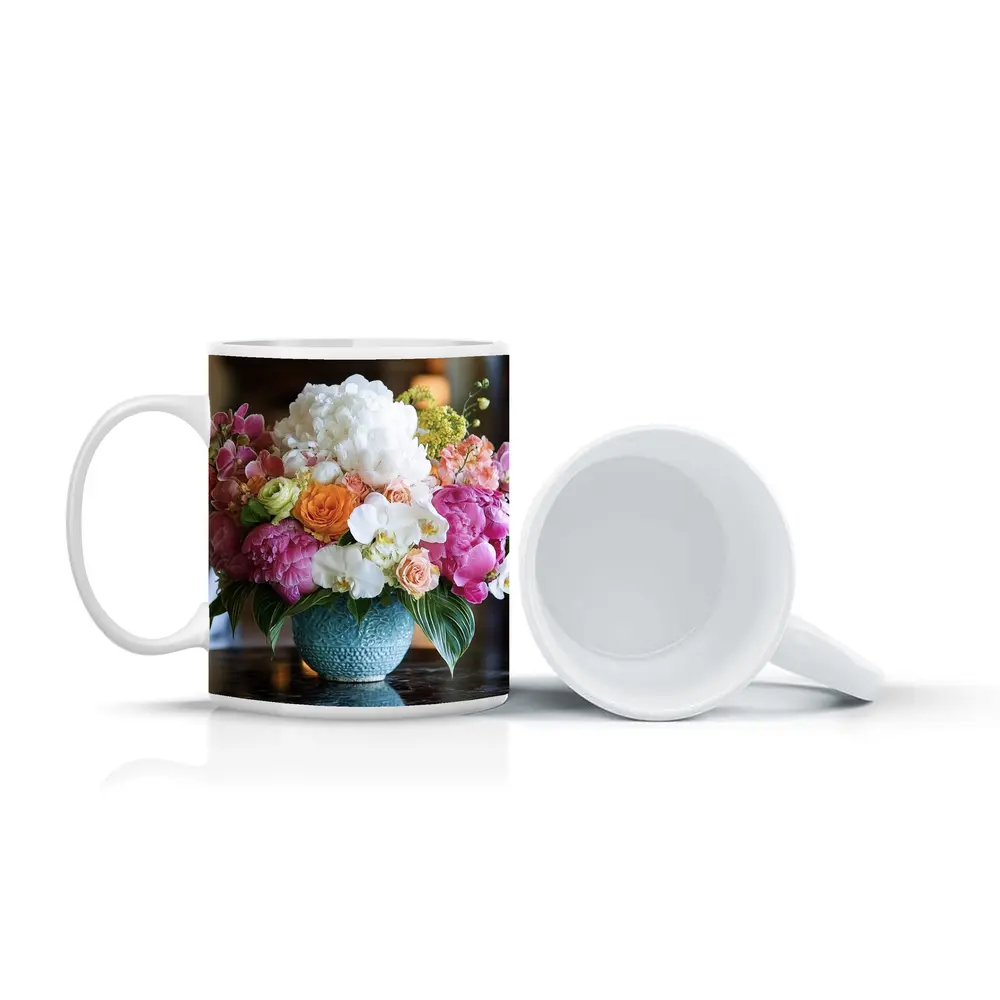 Pink Peonies Roses Orchids Blue Vase Arrangement – Mugs
