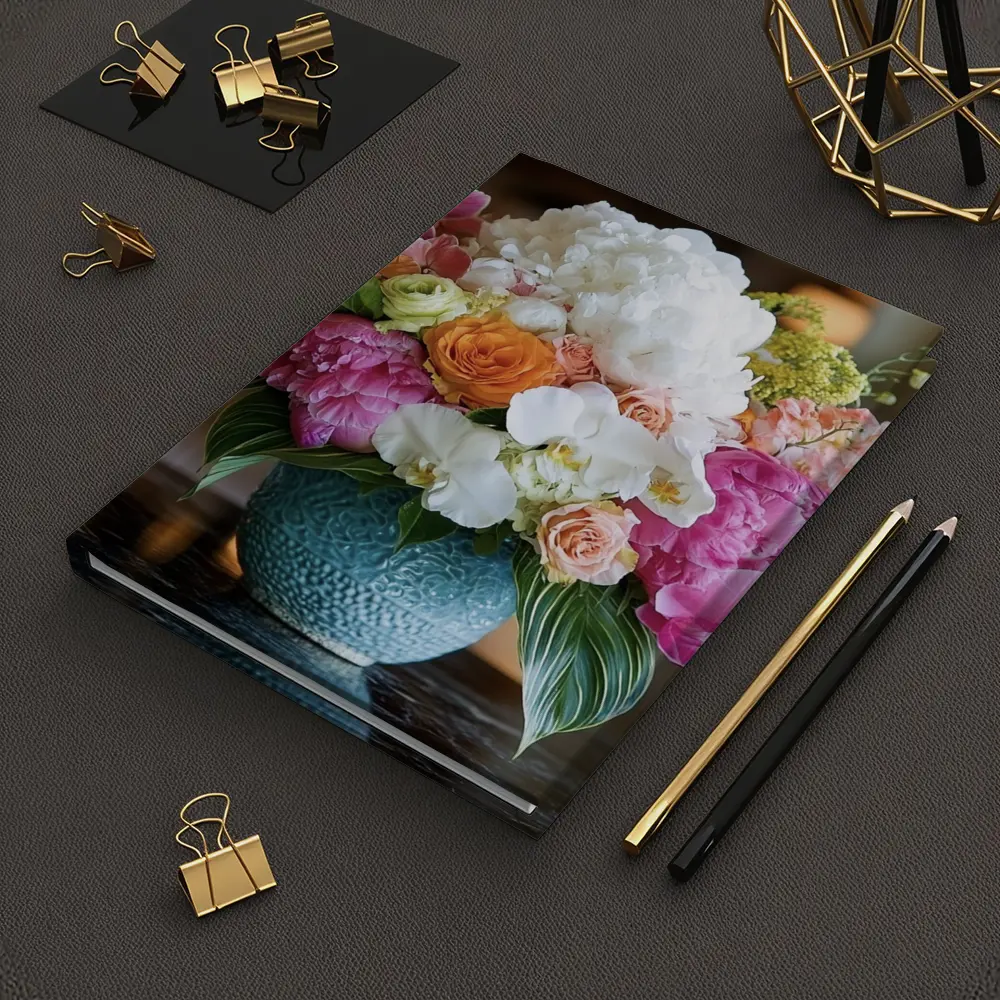 Pink Peonies Roses Orchids Blue Vase Arrangement – Notebooks
