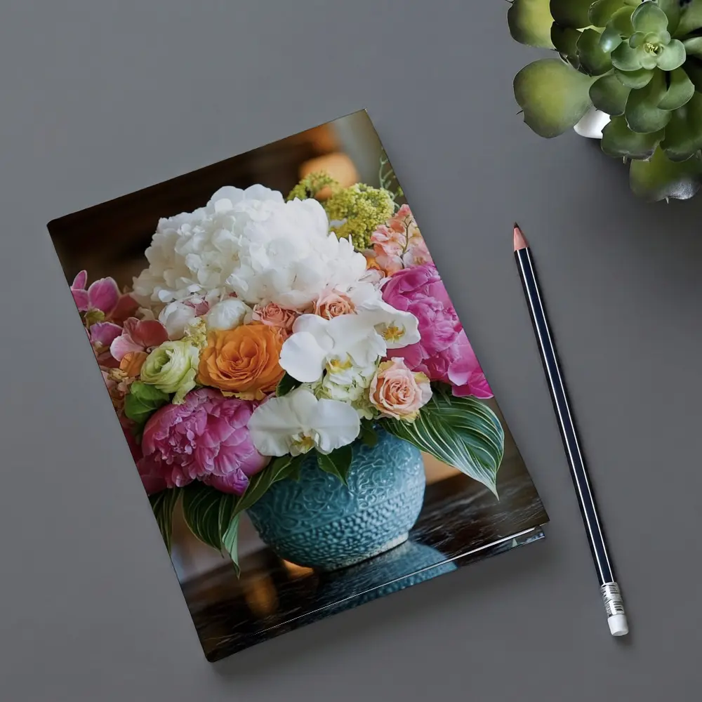 Pink Peonies Roses Orchids Blue Vase Arrangement – Notebooks
