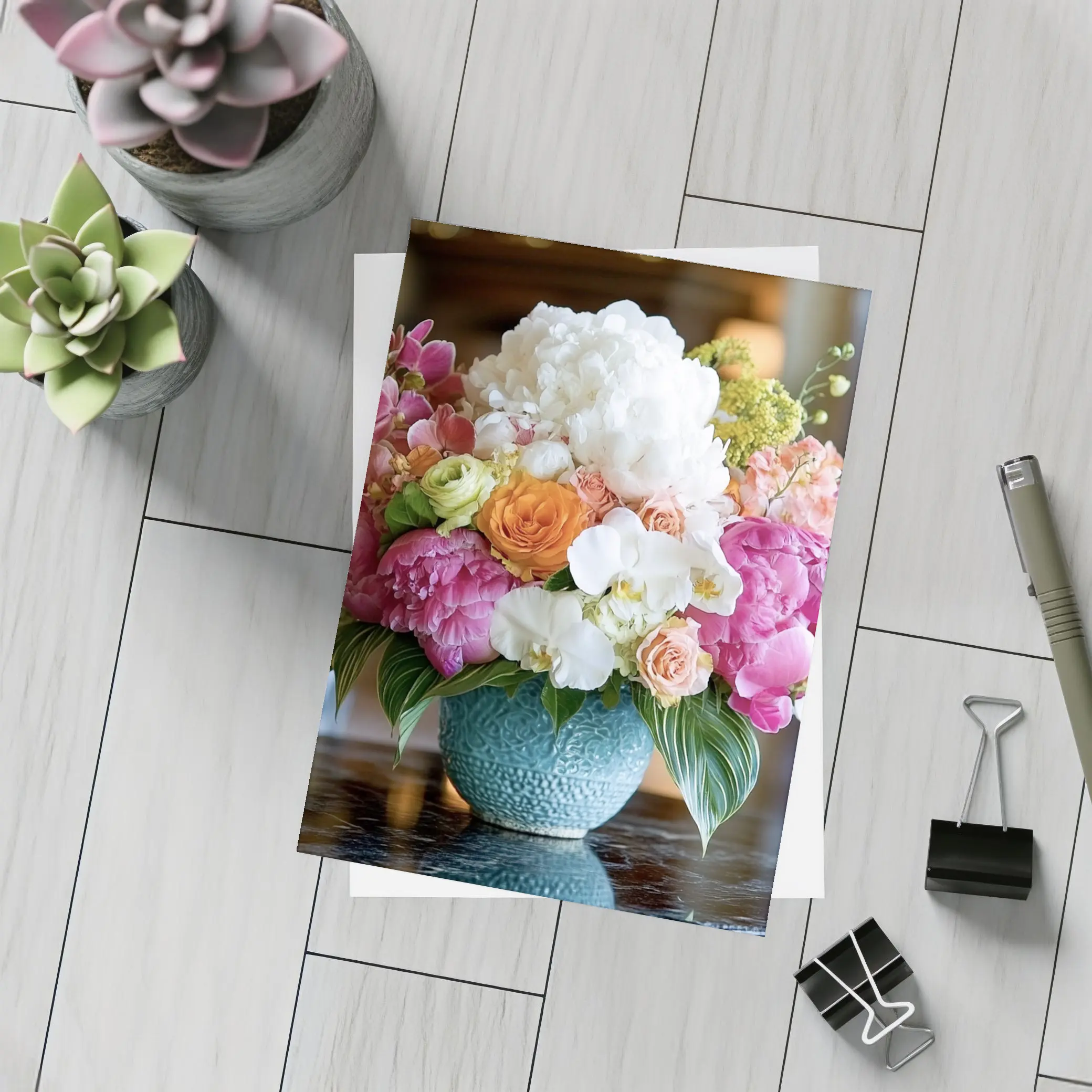 Pink Peonies Roses Orchids Blue Vase Arrangement – Postcards