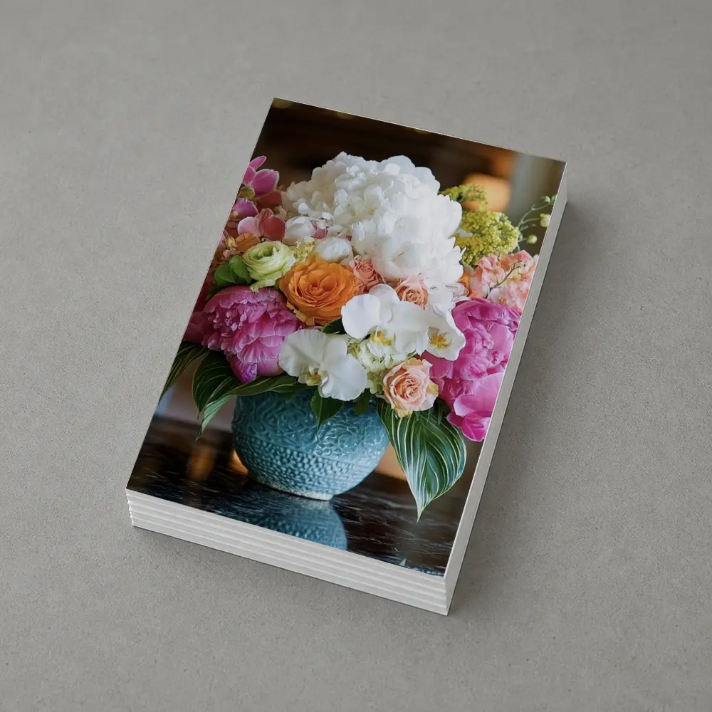 Pink Peonies Roses Orchids Blue Vase Arrangement – Postcards
