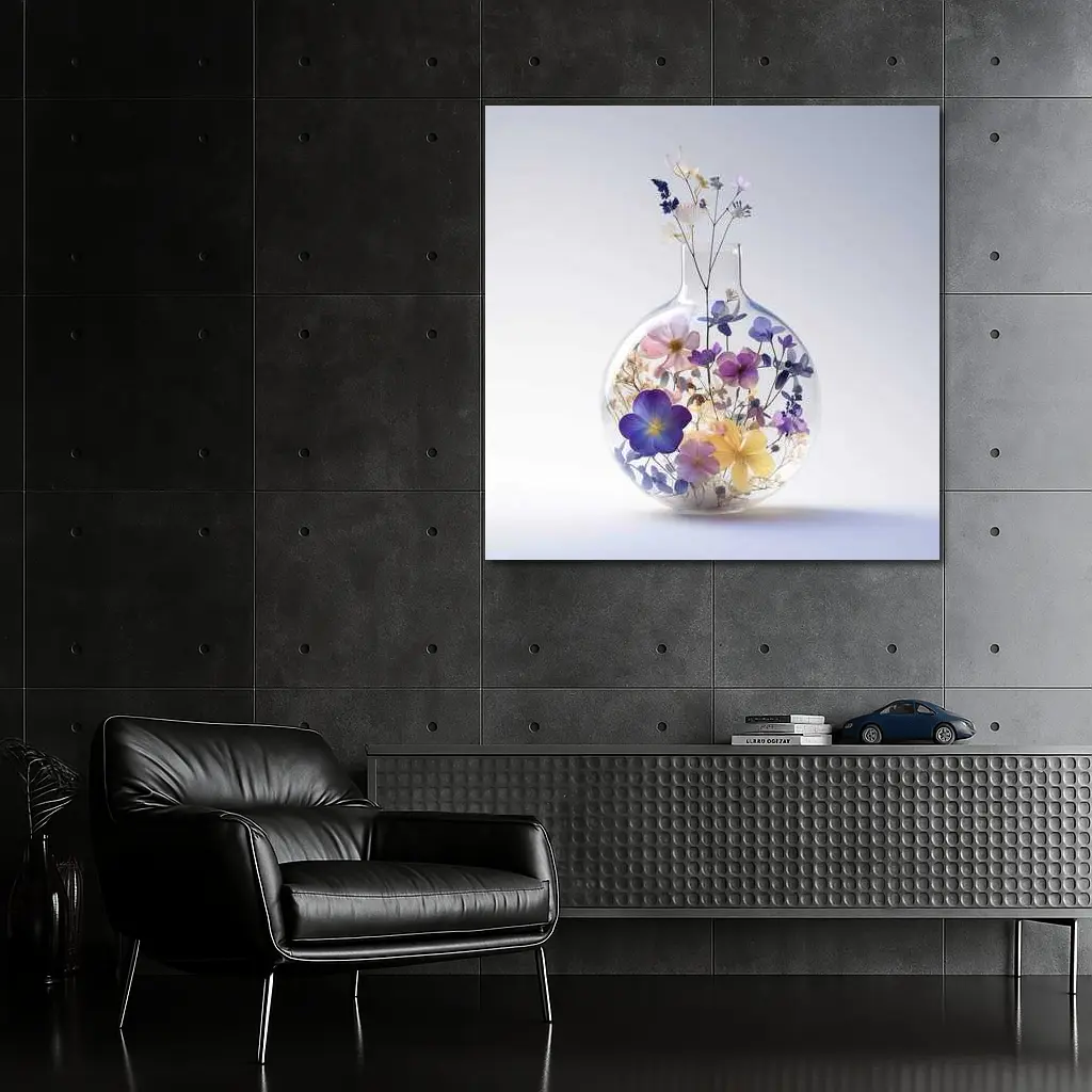 Pressed Wildflowers Inside Round Glass Vase – Wall Art