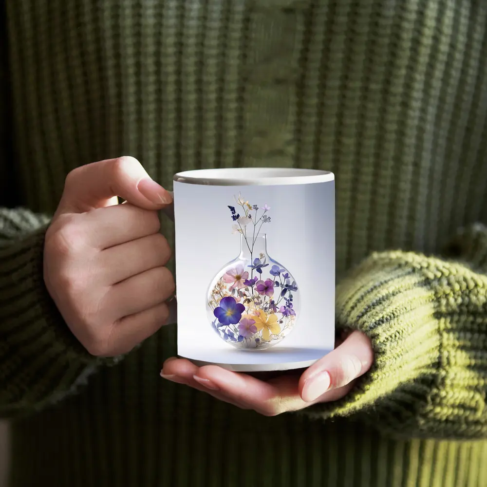 Pressed Wildflowers Inside Round Glass Vase – Mugs