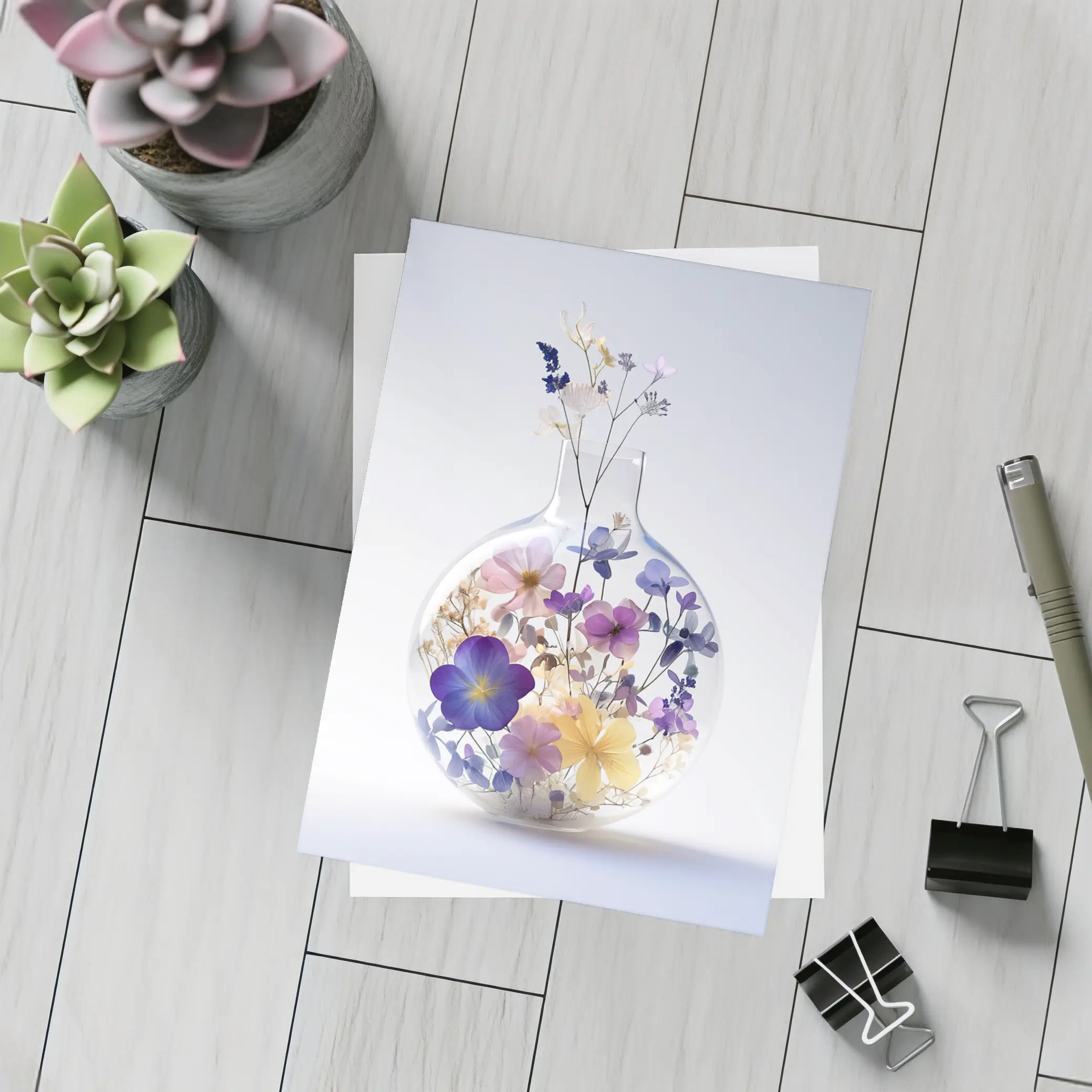 Pressed Wildflowers Inside Round Glass Vase – Postcards
