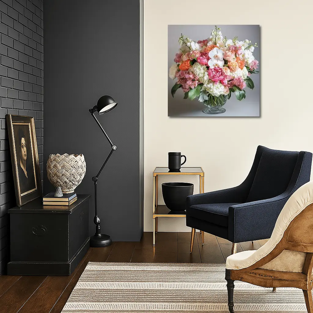 Peony Orchid Hydrangea Bouquet Glass Vase – Wall Art