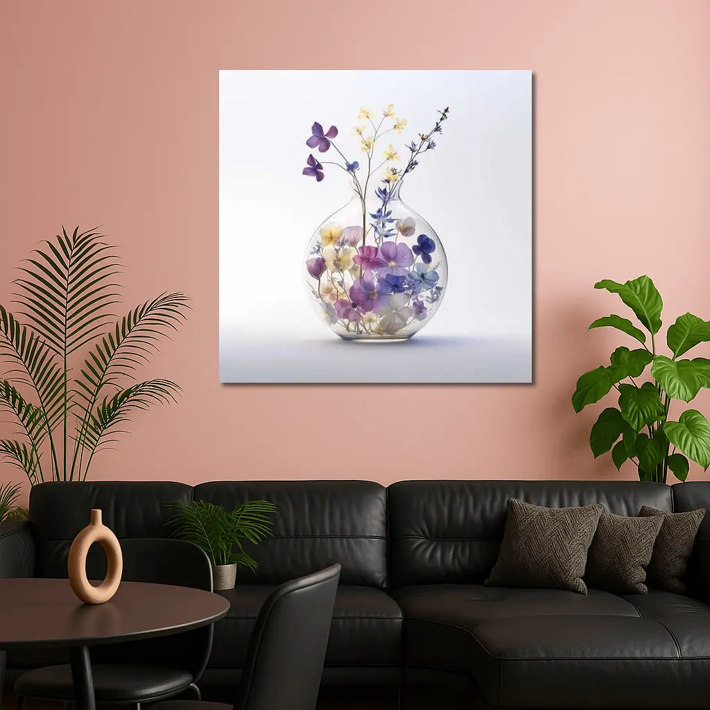 Pressed Wildflowers in Round Glass Vase – Wall Art