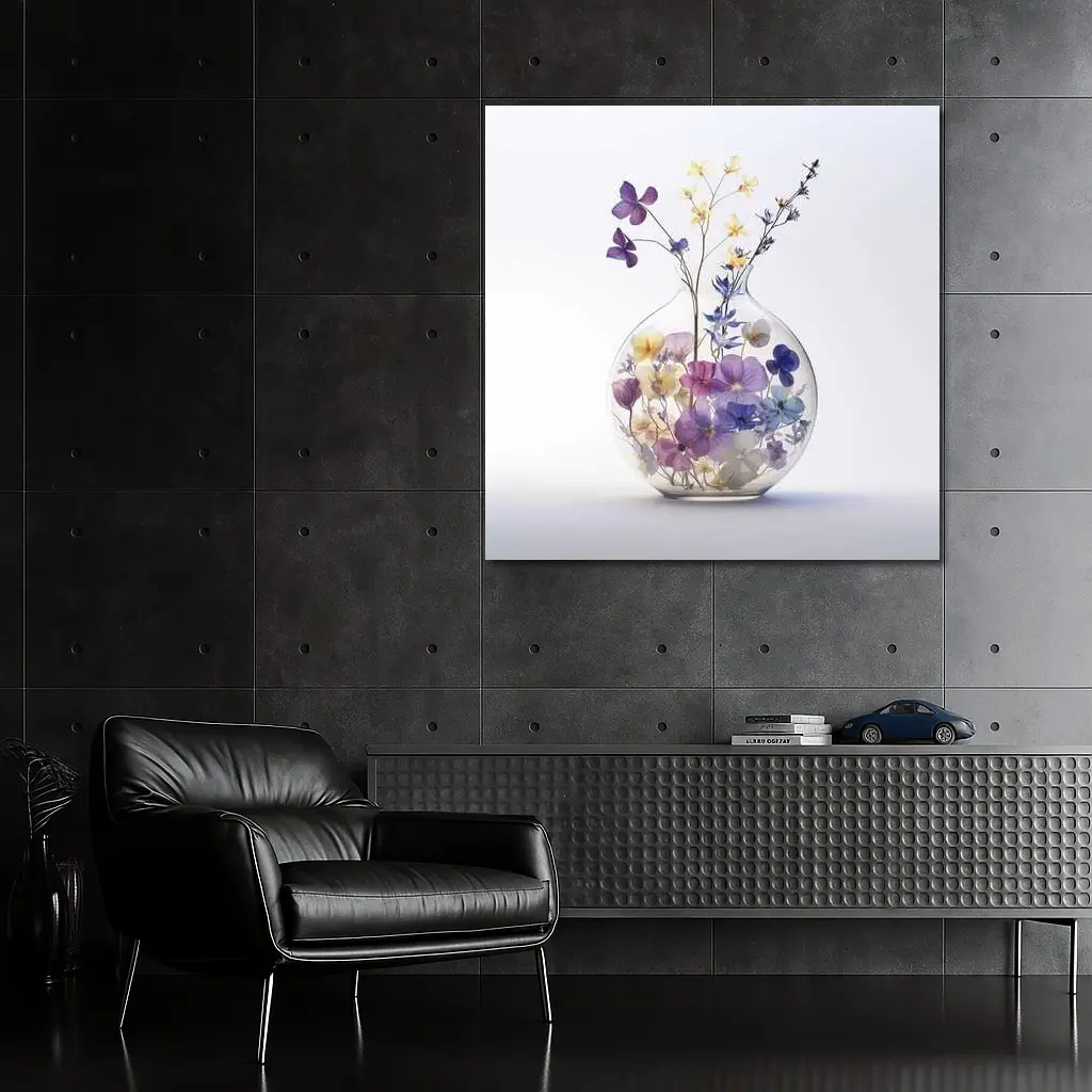 Pressed Wildflowers in Round Glass Vase – Wall Art