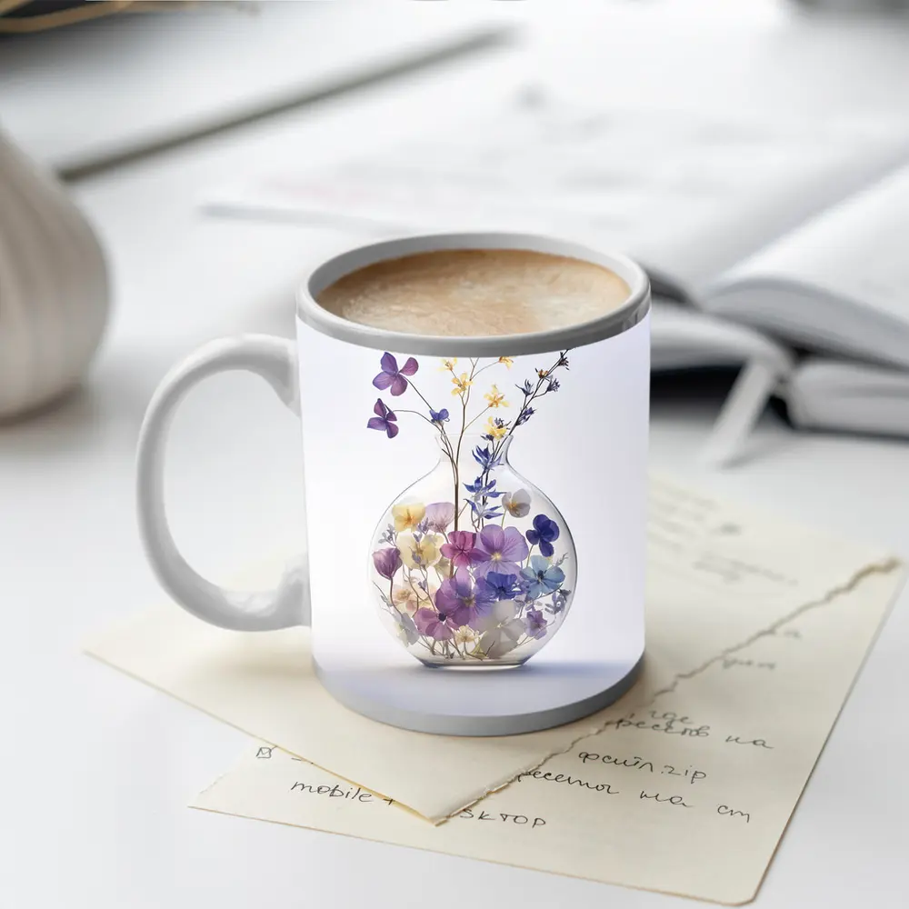 Pressed Wildflowers in Round Glass Vase – Mugs