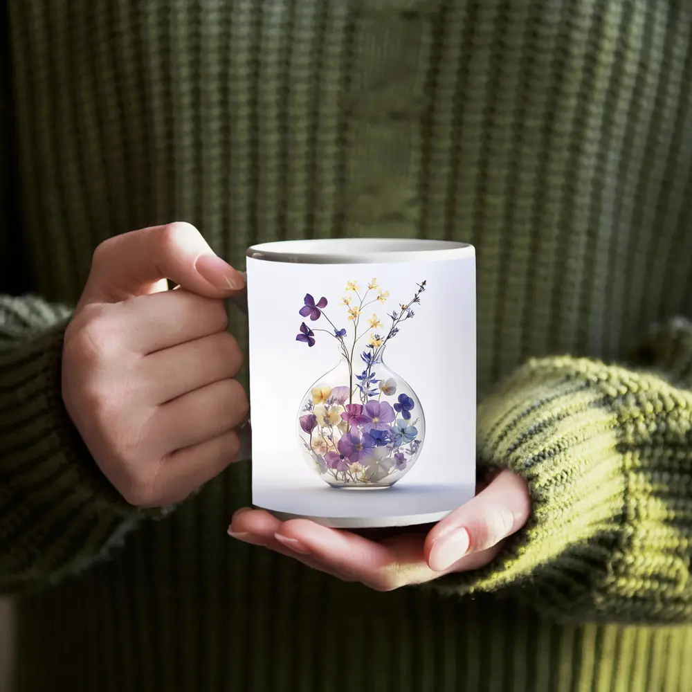 Pressed Wildflowers in Round Glass Vase – Mugs