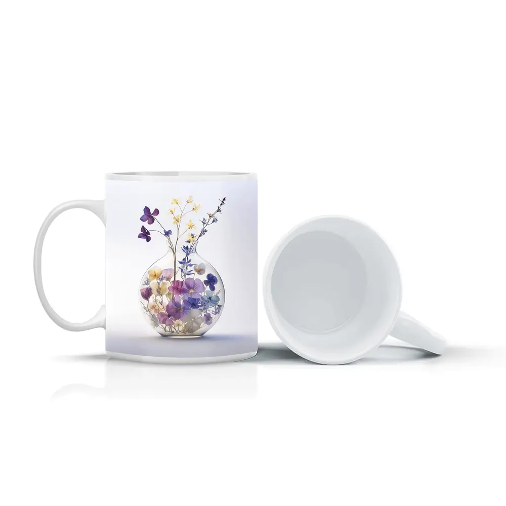 Pressed Wildflowers in Round Glass Vase – Mugs