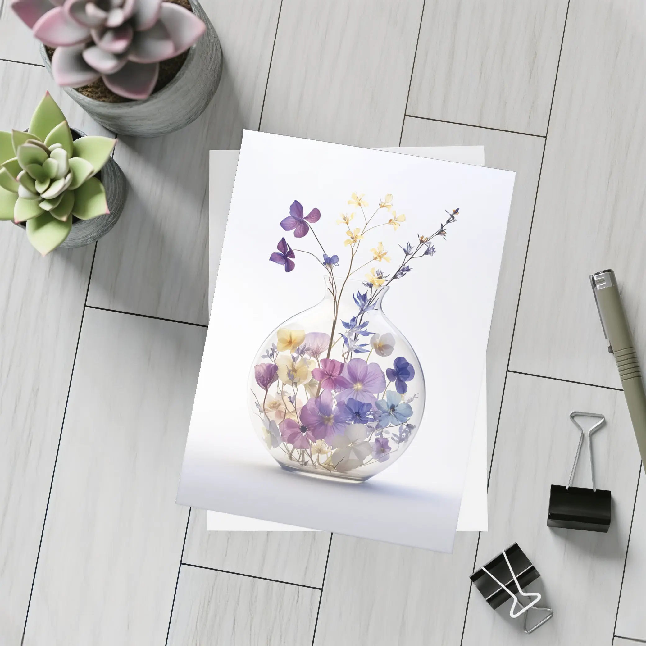 Pressed Wildflowers in Round Glass Vase – Postcards
