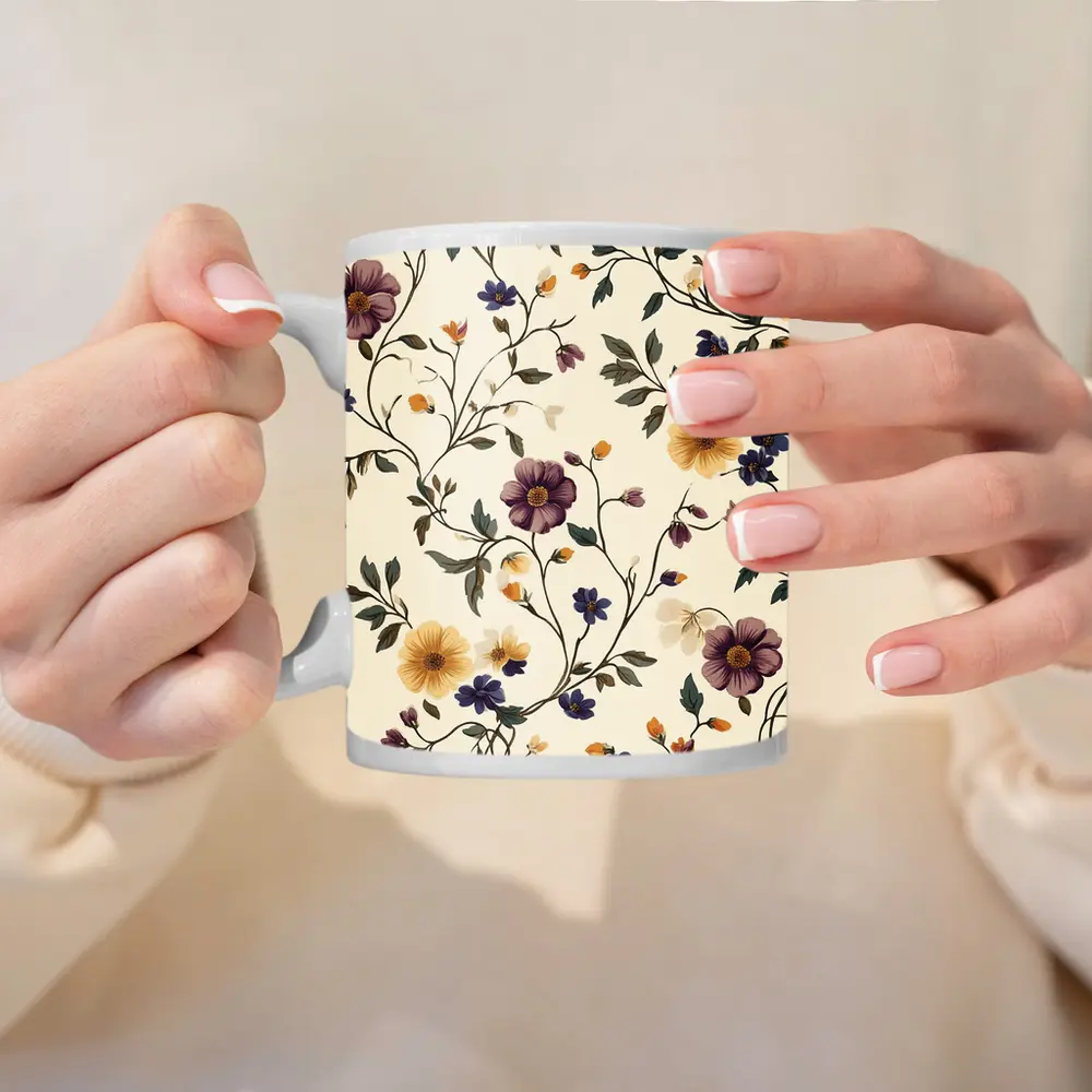 Vintage Botanical Floral Vine Pattern Beige Background – Mugs