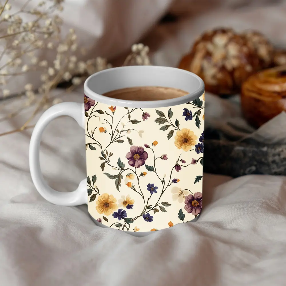 Vintage Botanical Floral Vine Pattern Beige Background – Mugs