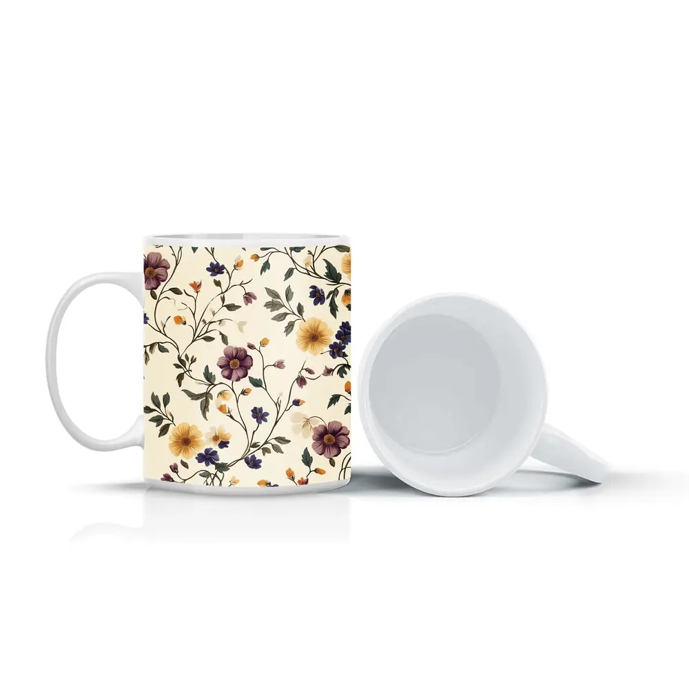 Vintage Botanical Floral Vine Pattern Beige Background – Mugs