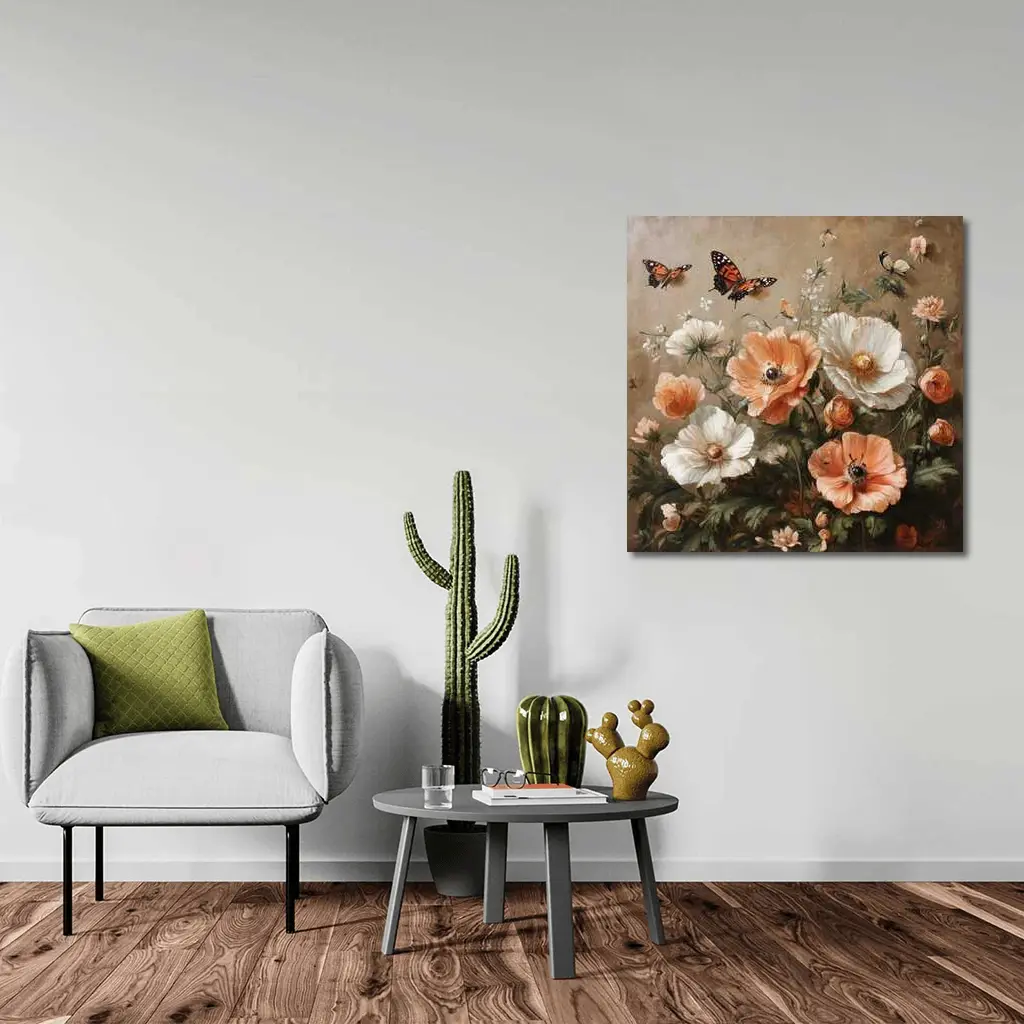 Peach White Poppies Butterflies Oil Painting – Wall Art