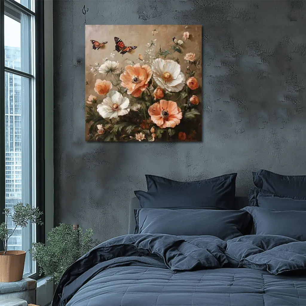 Peach White Poppies Butterflies Oil Painting – Wall Art