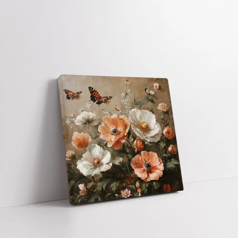 Peach White Poppies Butterflies Oil Painting – Wall Art