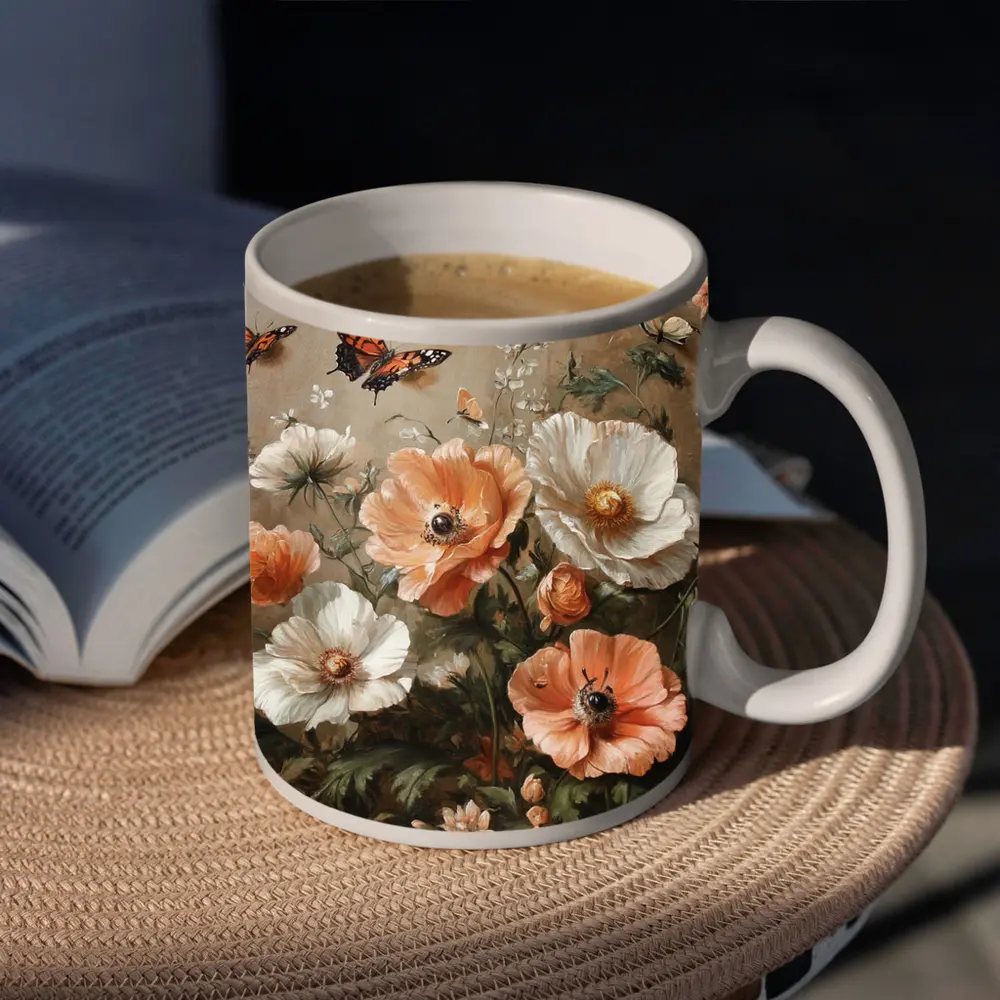 Peach White Poppies Butterflies Oil Painting – Mugs