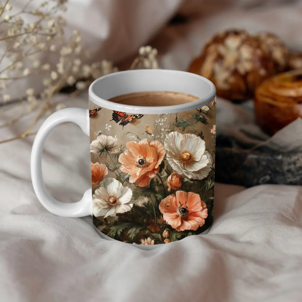 Peach White Poppies Butterflies Oil Painting – Mugs