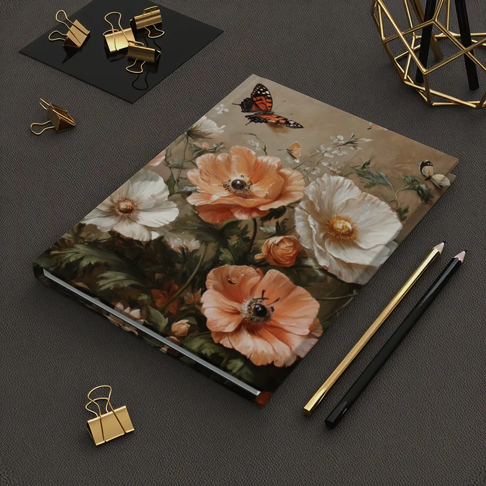 Peach White Poppies Butterflies Oil Painting – Notebooks