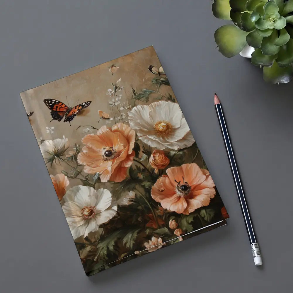Peach White Poppies Butterflies Oil Painting – Notebooks