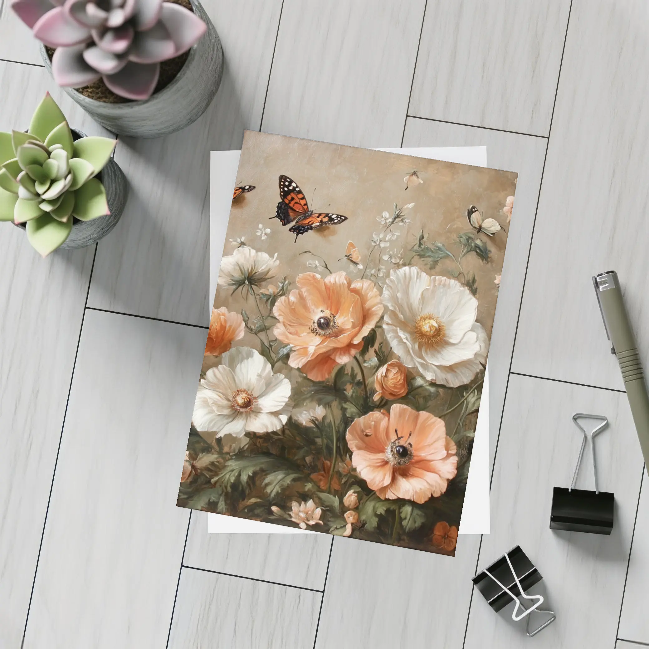 Peach White Poppies Butterflies Oil Painting – Postcards