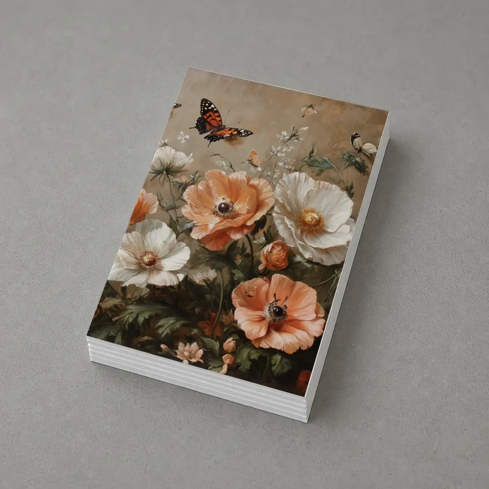 Peach White Poppies Butterflies Oil Painting – Postcards