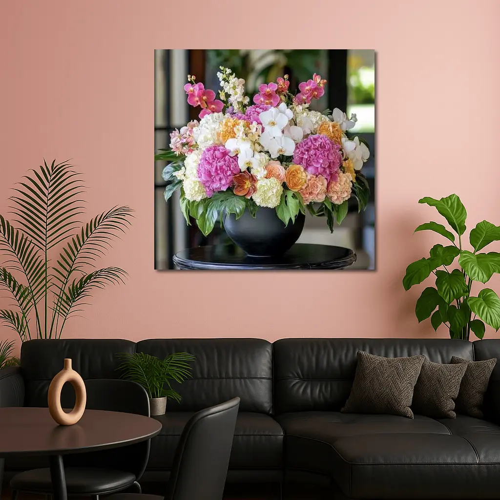 Pink Hydrangea Orchid Arrangement Black Vase – Wall Art