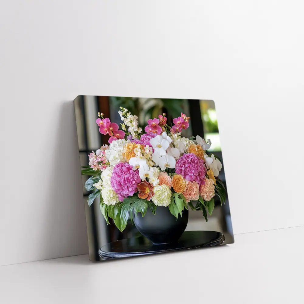 Pink Hydrangea Orchid Arrangement Black Vase – Wall Art