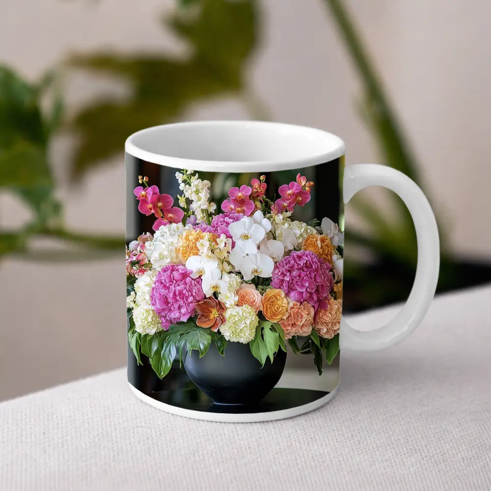 Pink Hydrangea Orchid Arrangement Black Vase – Mugs